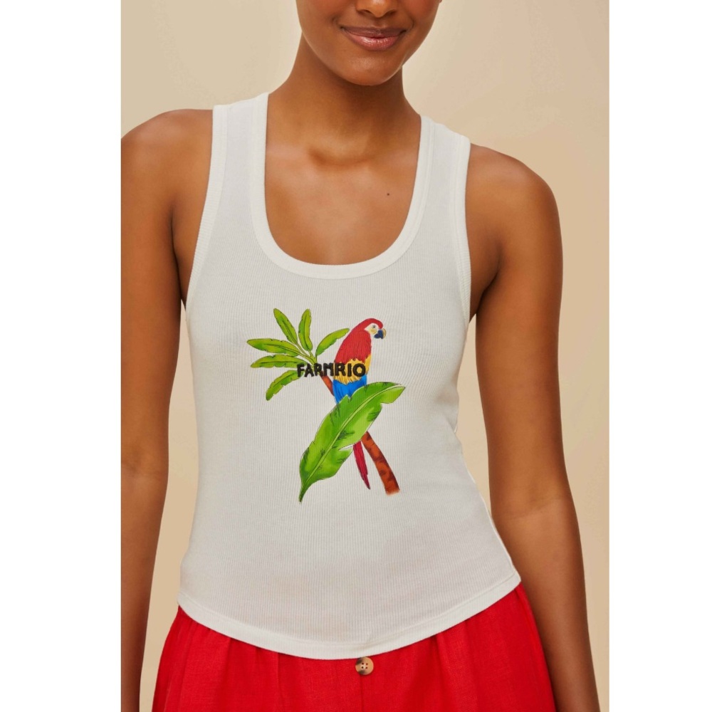 FARM Rio Embroidered Off-White Macaw Printed Tank Top Size Small NWT - Picture 2 of 16